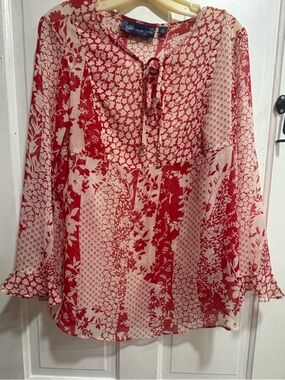 Susan Graver Red and Cream Floral Tie-Neck Tunic